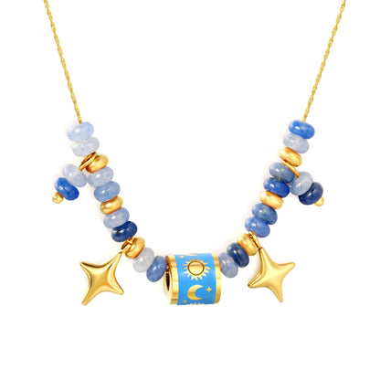 Adjustable Sun & Moon Enamel Barrel Natural Stone Bead Star Pendant 18K Gold Plated Stainless Steel Beaded Necklace | 3 Colors Available | Wholesale MOQ 12