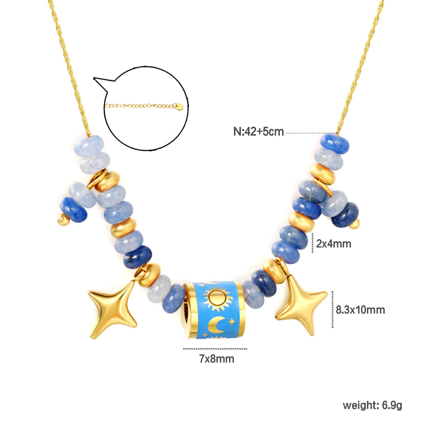 Adjustable Sun & Moon Enamel Barrel Natural Stone Bead Star Pendant 18K Gold Plated Stainless Steel Beaded Necklace | 3 Colors Available | Wholesale MOQ 12