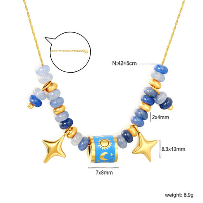 Adjustable Sun & Moon Enamel Barrel Natural Stone Bead Star Pendant 18K Gold Plated Stainless Steel Beaded Necklace | 3 Colors Available | Wholesale MOQ 12