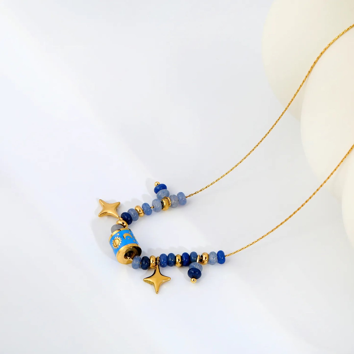 Adjustable Sun & Moon Enamel Barrel Natural Stone Bead Star Pendant 18K Gold Plated Stainless Steel Beaded Necklace | 3 Colors Available | Wholesale MOQ 12