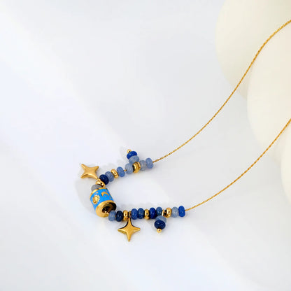Adjustable Sun & Moon Enamel Barrel Natural Stone Bead Star Pendant 18K Gold Plated Stainless Steel Beaded Necklace | 3 Colors Available | Wholesale MOQ 12