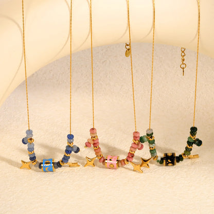 Adjustable Sun & Moon Enamel Barrel Natural Stone Bead Star Pendant 18K Gold Plated Stainless Steel Beaded Necklace | 3 Colors Available | Wholesale MOQ 12