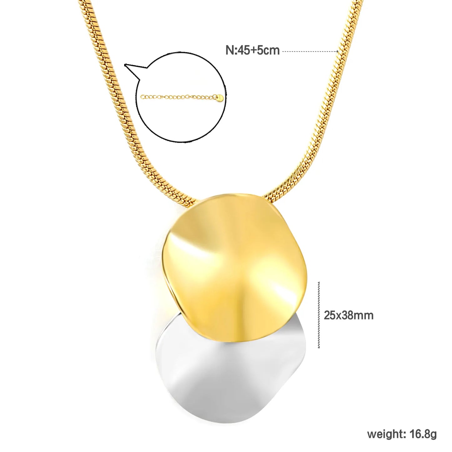 Dual Overlapped Irregular Concave Disc Pendant Snake Chain Necklace | 2 Colors Available | Adjustable 45+5cm | Wholesale MOQ 12