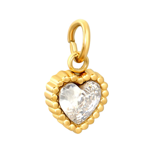 Beaded Border Heart CZ Charm Pendants | 18K Gold Plated Stainless Steel Dangle Charms | 5 Assorted Gem Colors | Wholesale Bulk MOQ 12
