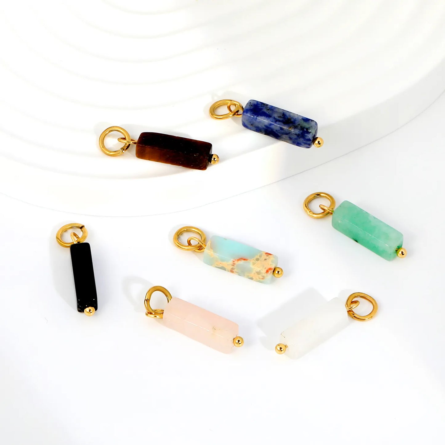 Natural Stone Rectangle Bar Charm Pendants | 18K Gold Plated Stainless Steel Gemstone Charms | 7 Natural Stone Colors | Bulk Order MOQ 12