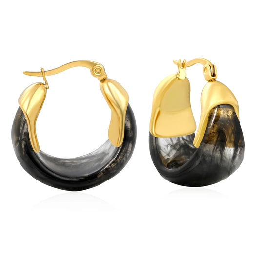 Black Marble Resin Hoop Earrings with Sculpted Gold Detail – 18K Gold Plated | Wholesale MOQ 12  Description: