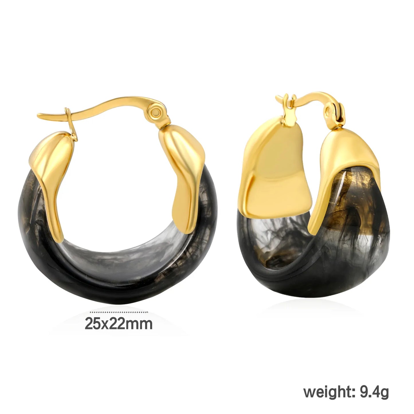 Black Marble Resin Hoop Earrings with Sculpted Gold Detail – 18K Gold Plated | Wholesale MOQ 12  Description: