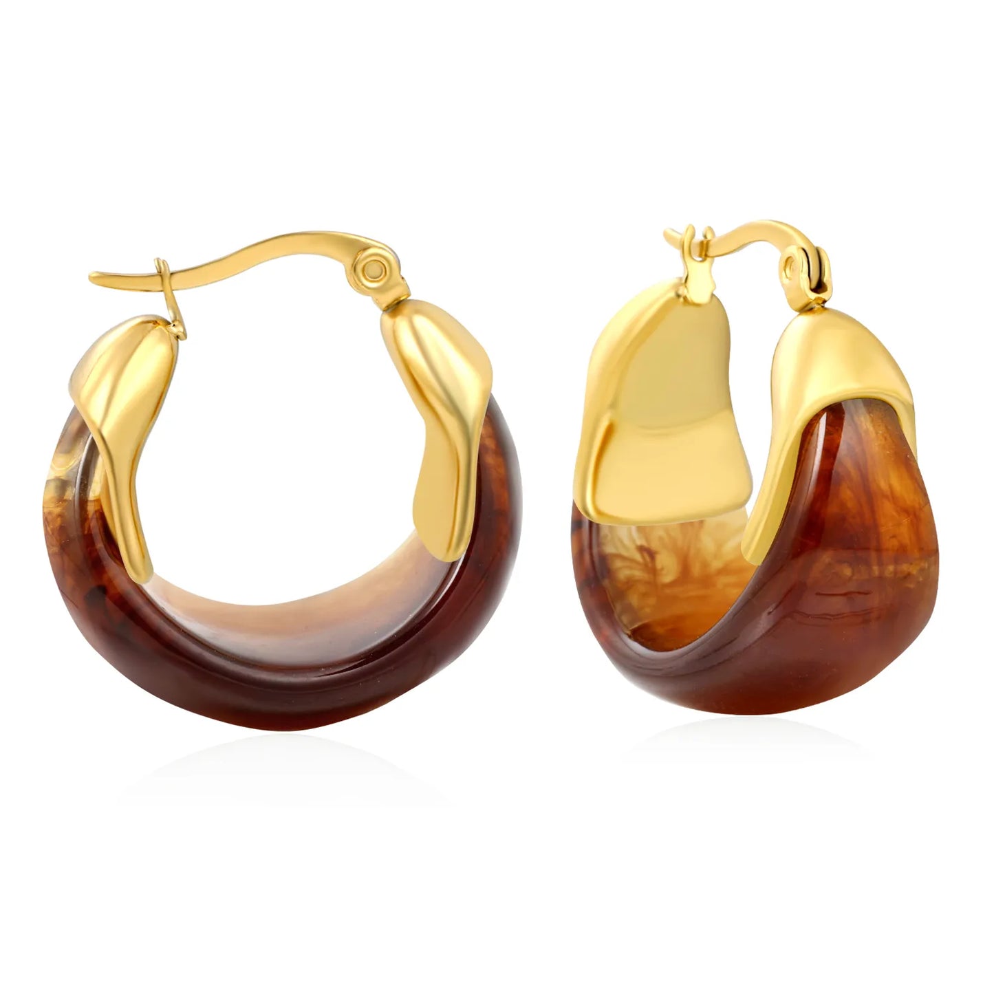 Wholesale Bulk Order Amber Marble Resin Hoop Earrings with Gold Accent – 18K Gold Plated | MOQ 12