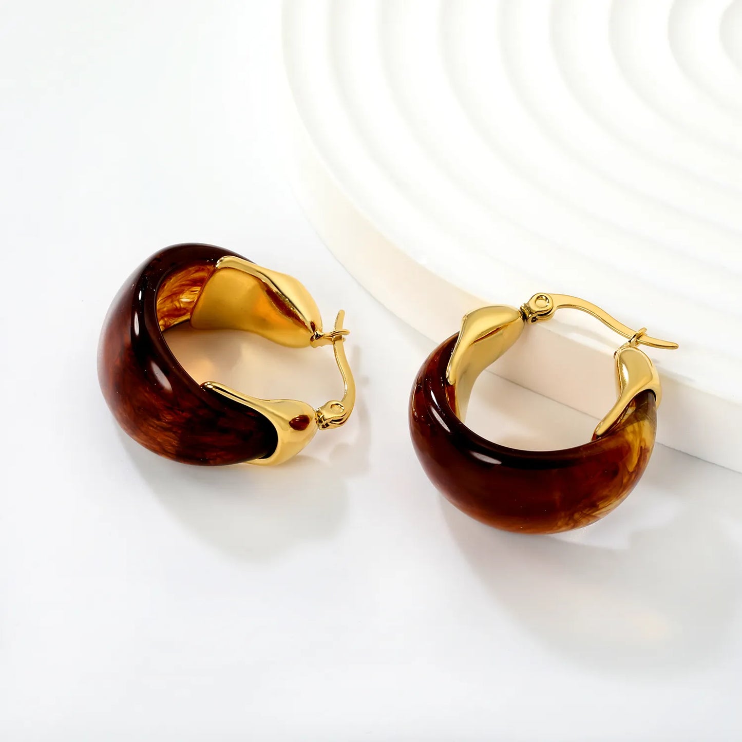 Wholesale Bulk Order Amber Marble Resin Hoop Earrings with Gold Accent – 18K Gold Plated | MOQ 12