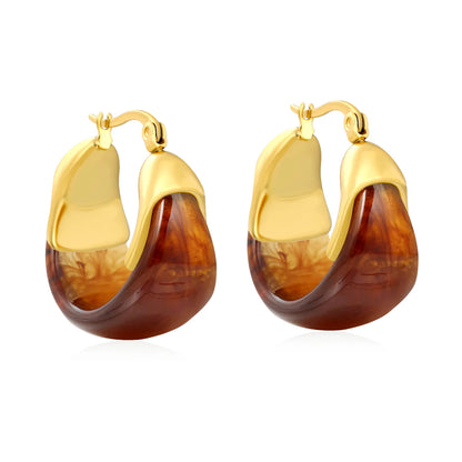 Wholesale Bulk Order Amber Marble Resin Hoop Earrings with Gold Accent – 18K Gold Plated | MOQ 12