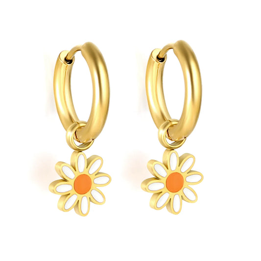 Wholesale Bulk Order Daisy Charm Huggie Hoop Earrings with 18K Gold Plated – MOQ 12