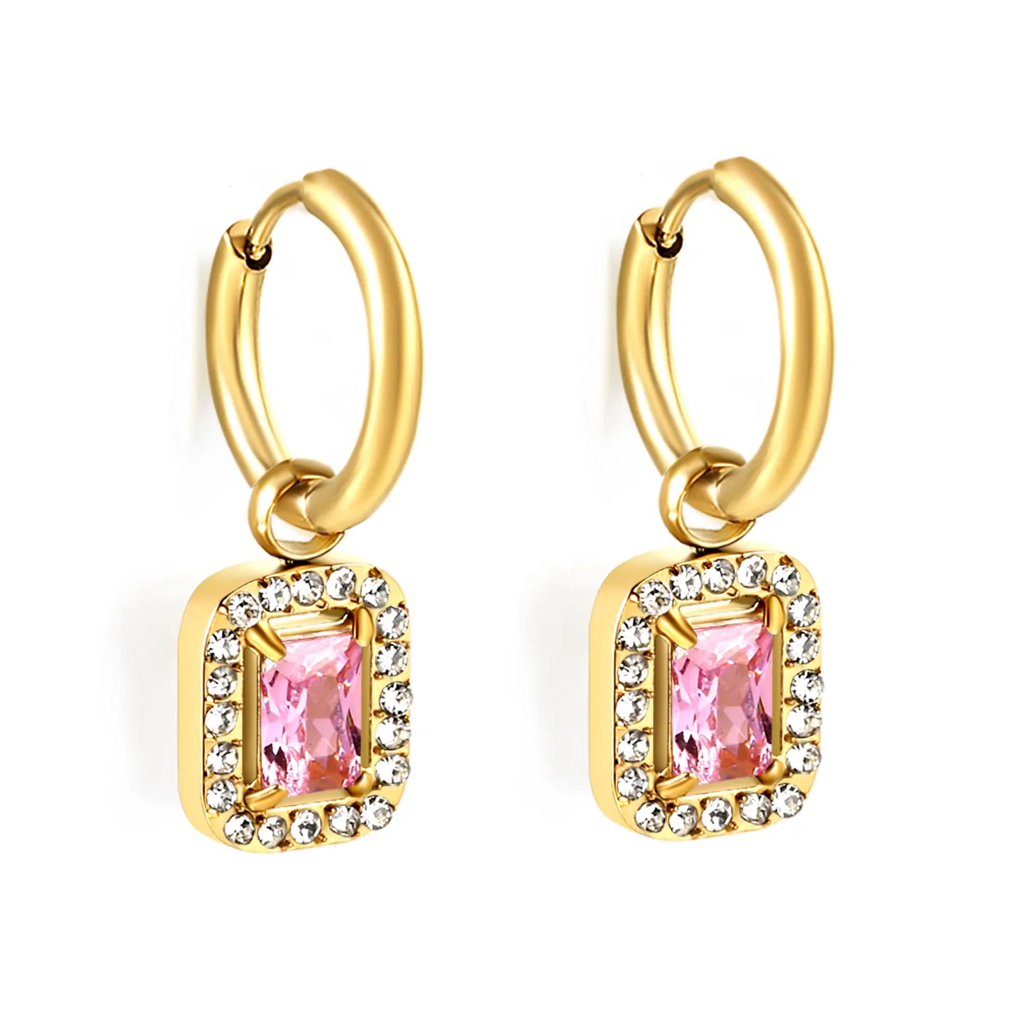 Pink Gemstone Hoop Drop Earrings – 18K Gold Plated | Bulk Wholesale Ready (MOQ 12)