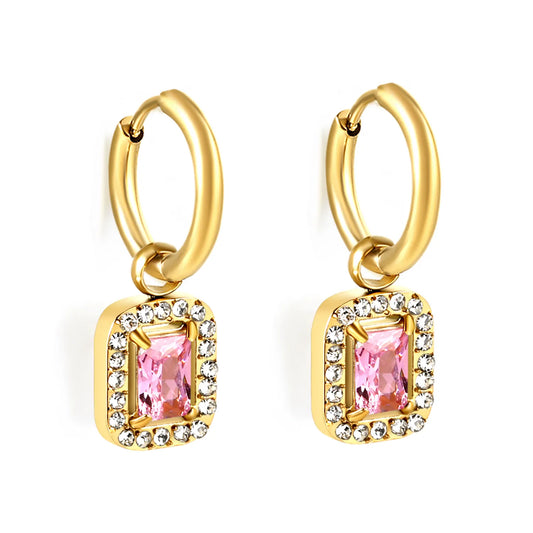 Pink Gemstone Hoop Drop Earrings – 18K Gold Plated | Bulk Wholesale Ready (MOQ 12)