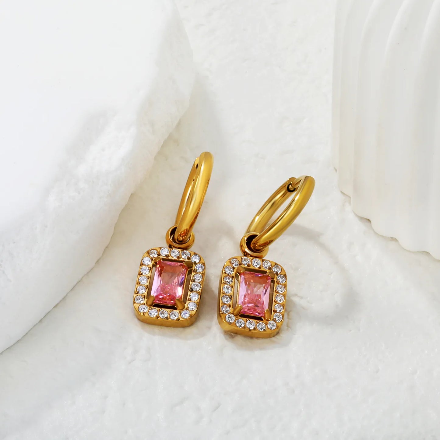 Pink Gemstone Hoop Drop Earrings – 18K Gold Plated | Bulk Wholesale Ready (MOQ 12)