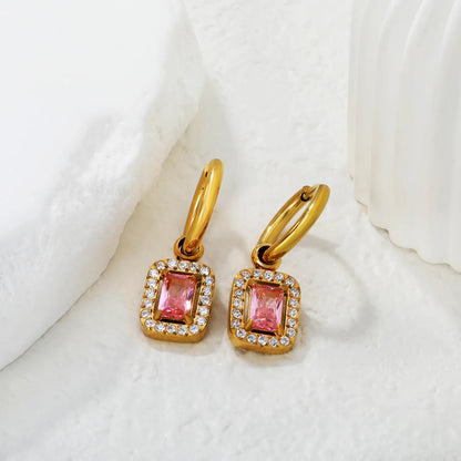 Pink Gemstone Hoop Drop Earrings – 18K Gold Plated | Bulk Wholesale Ready (MOQ 12)