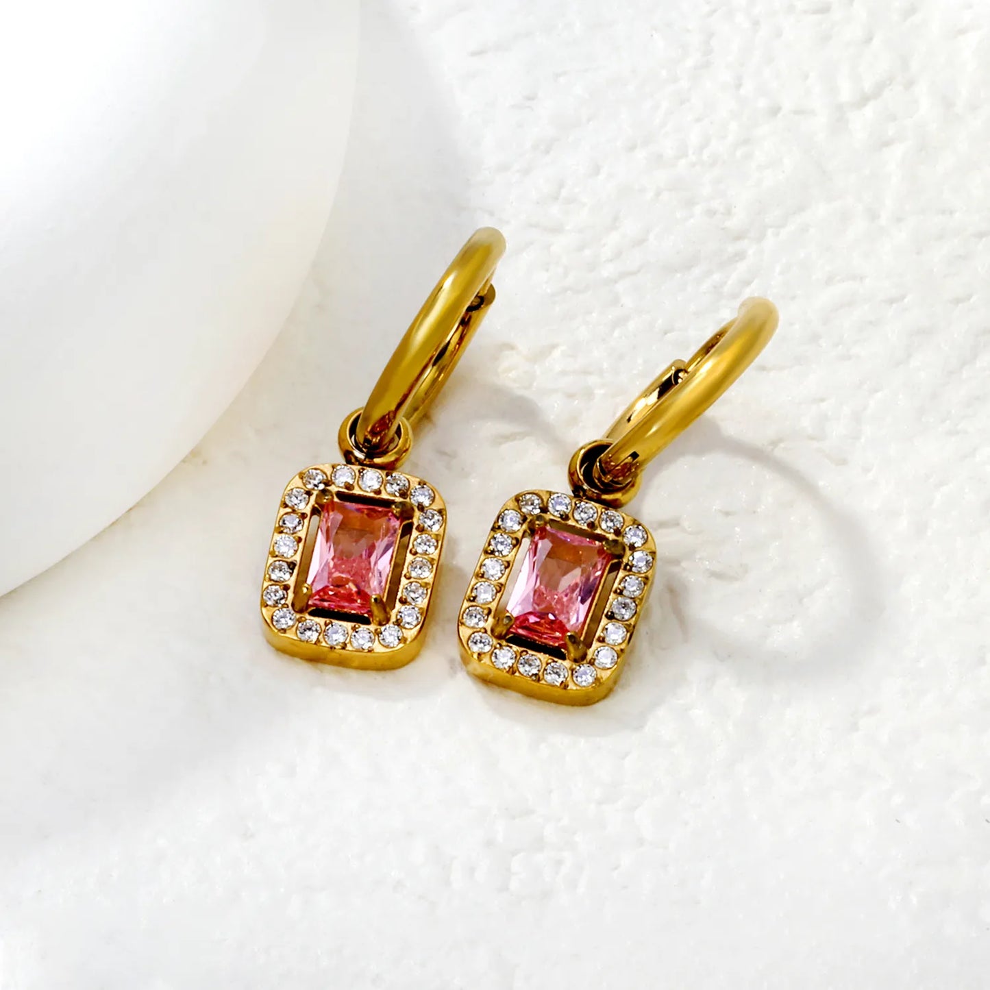 Pink Gemstone Hoop Drop Earrings – 18K Gold Plated | Bulk Wholesale Ready (MOQ 12)