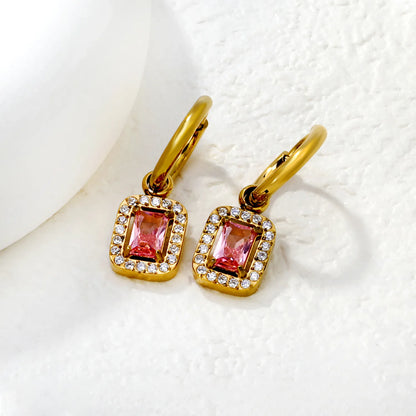 Pink Gemstone Hoop Drop Earrings – 18K Gold Plated | Bulk Wholesale Ready (MOQ 12)