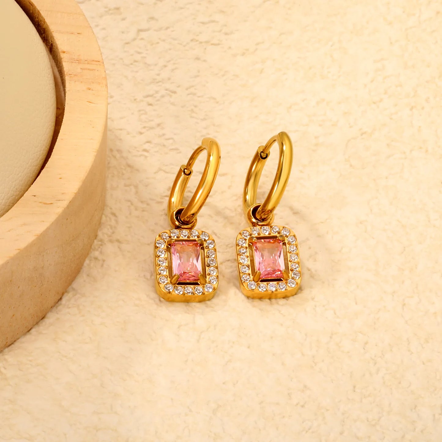 Pink Gemstone Hoop Drop Earrings – 18K Gold Plated | Bulk Wholesale Ready (MOQ 12)