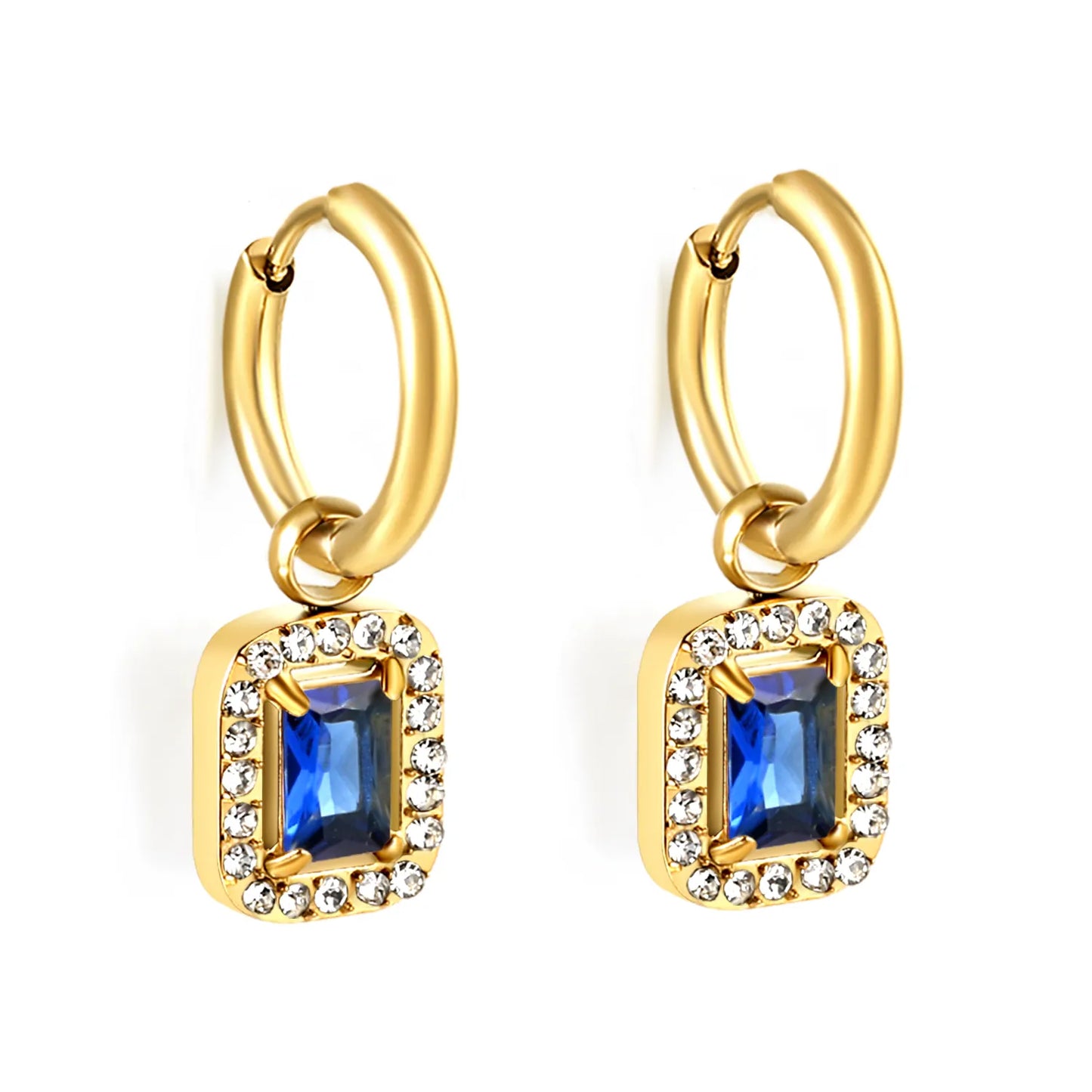 18K Gold Plated Mini Hoop Earrings with Blue Crystal Drop | Bulk Wholesale MOQ 12