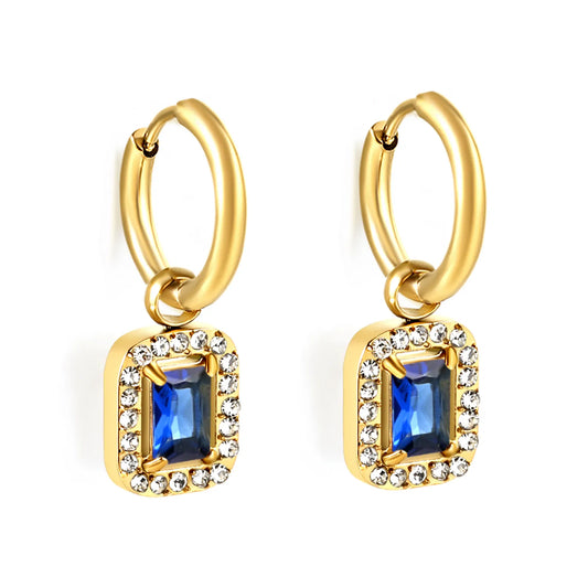 18K Gold Plated Mini Hoop Earrings with Blue Crystal Drop | Bulk Wholesale MOQ 12