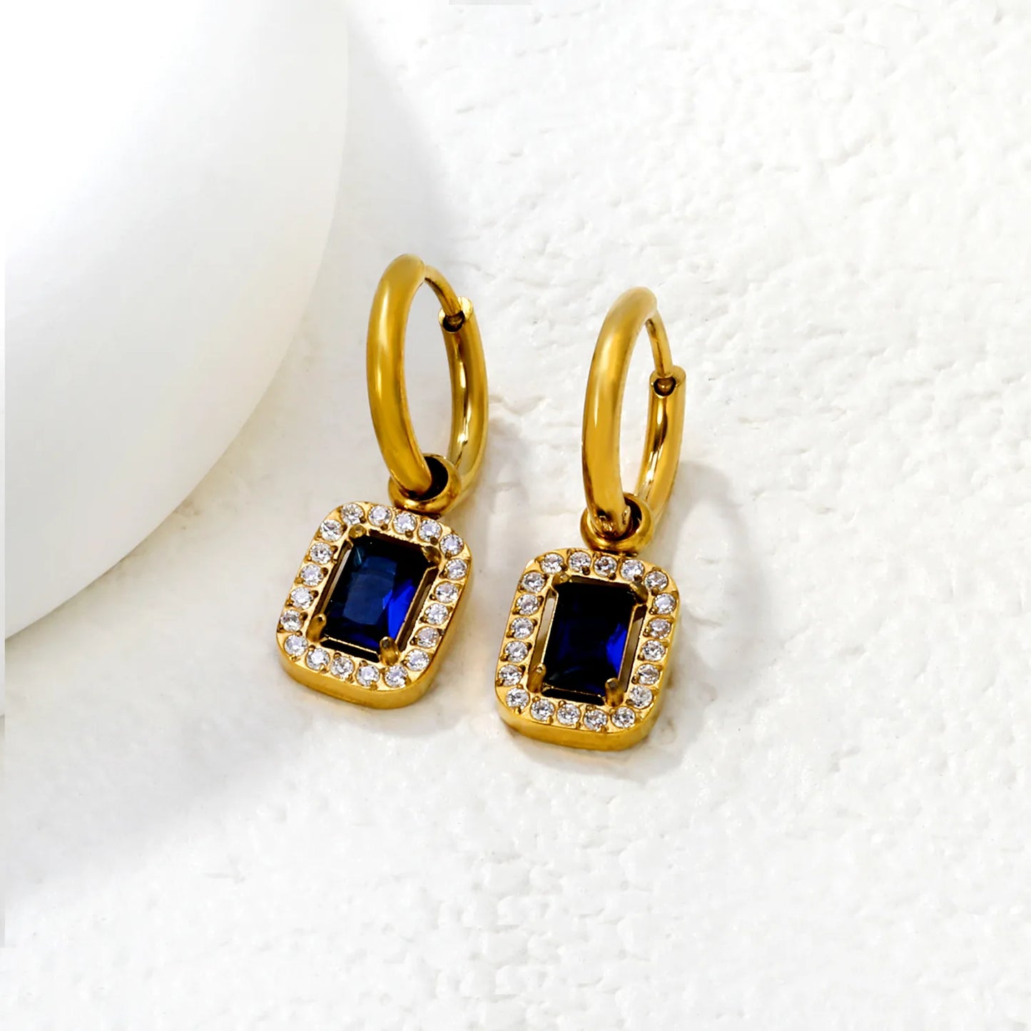18K Gold Plated Mini Hoop Earrings with Blue Crystal Drop | Bulk Wholesale MOQ 12