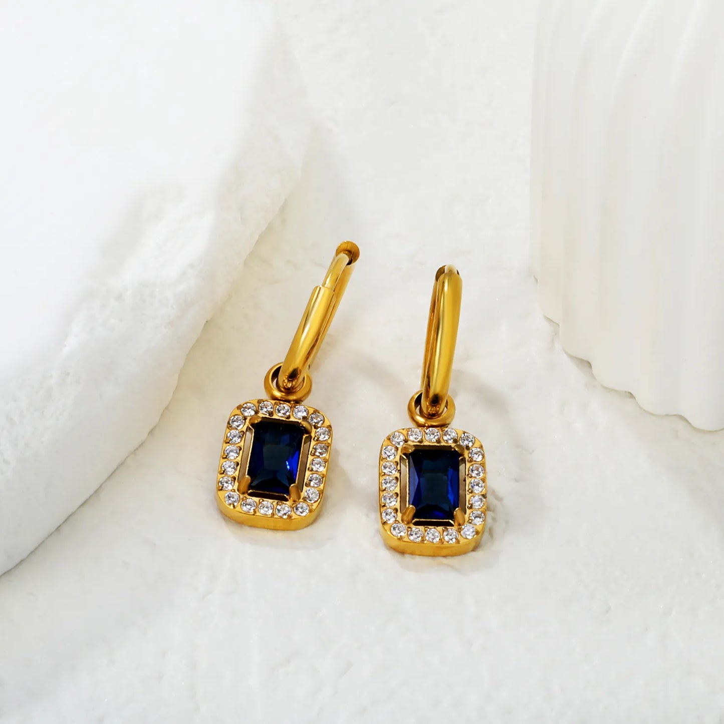 18K Gold Plated Mini Hoop Earrings with Blue Crystal Drop | Bulk Wholesale MOQ 12