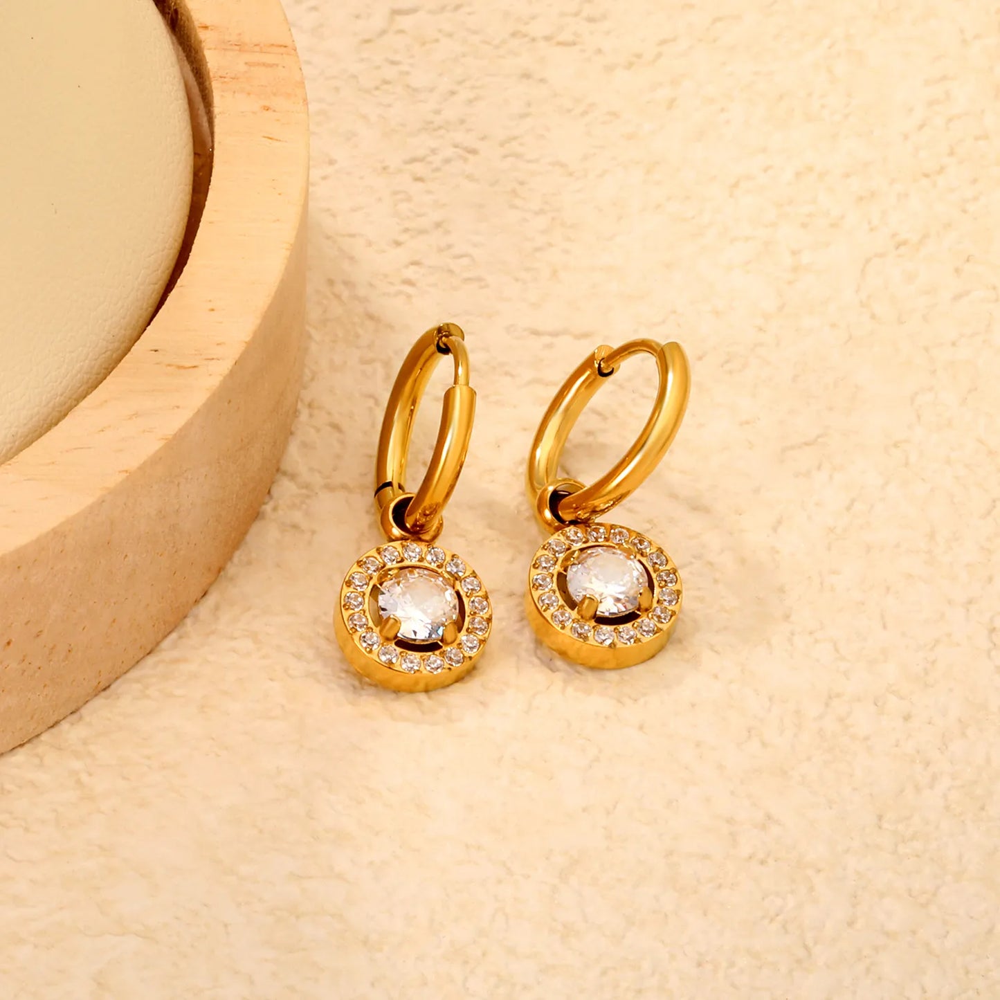 Hypoallergenic 18K Gold Plated Clear & Red Gem Halo Huggie Earring Wholesale Order MOQ 12