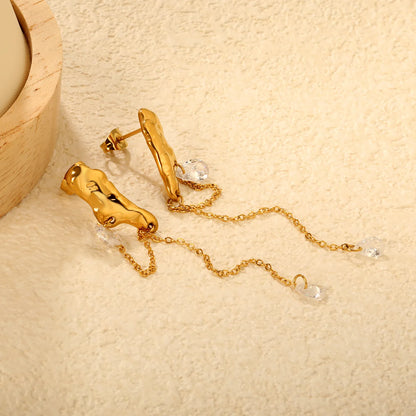 Molten Texture Teardrop Crystal Chain Drop Earrings | 18K Gold Plated | Wholesale MOQ 12