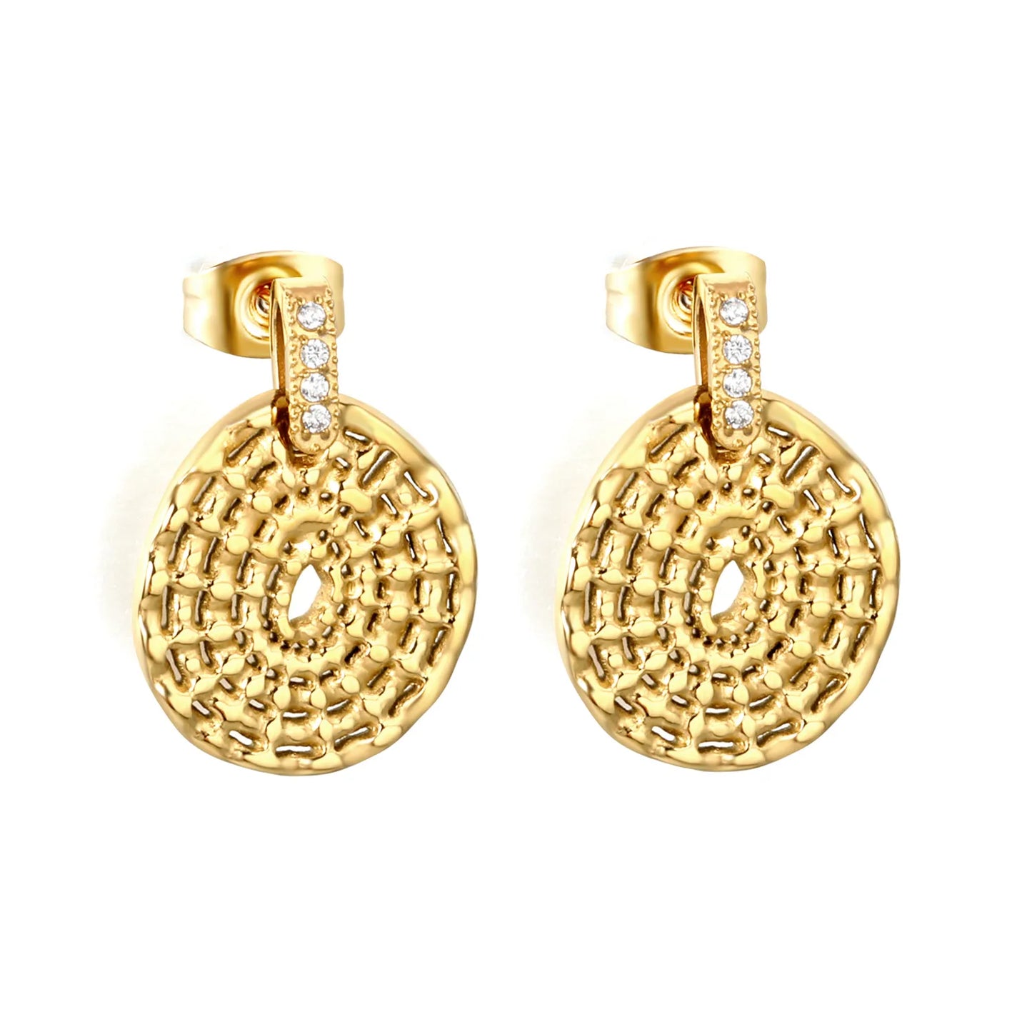 Textured Coin Disc Crystal Drop Earrings | 18K Gold Plated | MOQ 12 | Wholesale Bulk Order