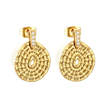 Textured Coin Disc Crystal Drop Earrings | 18K Gold Plated | MOQ 12 | Wholesale Bulk Order