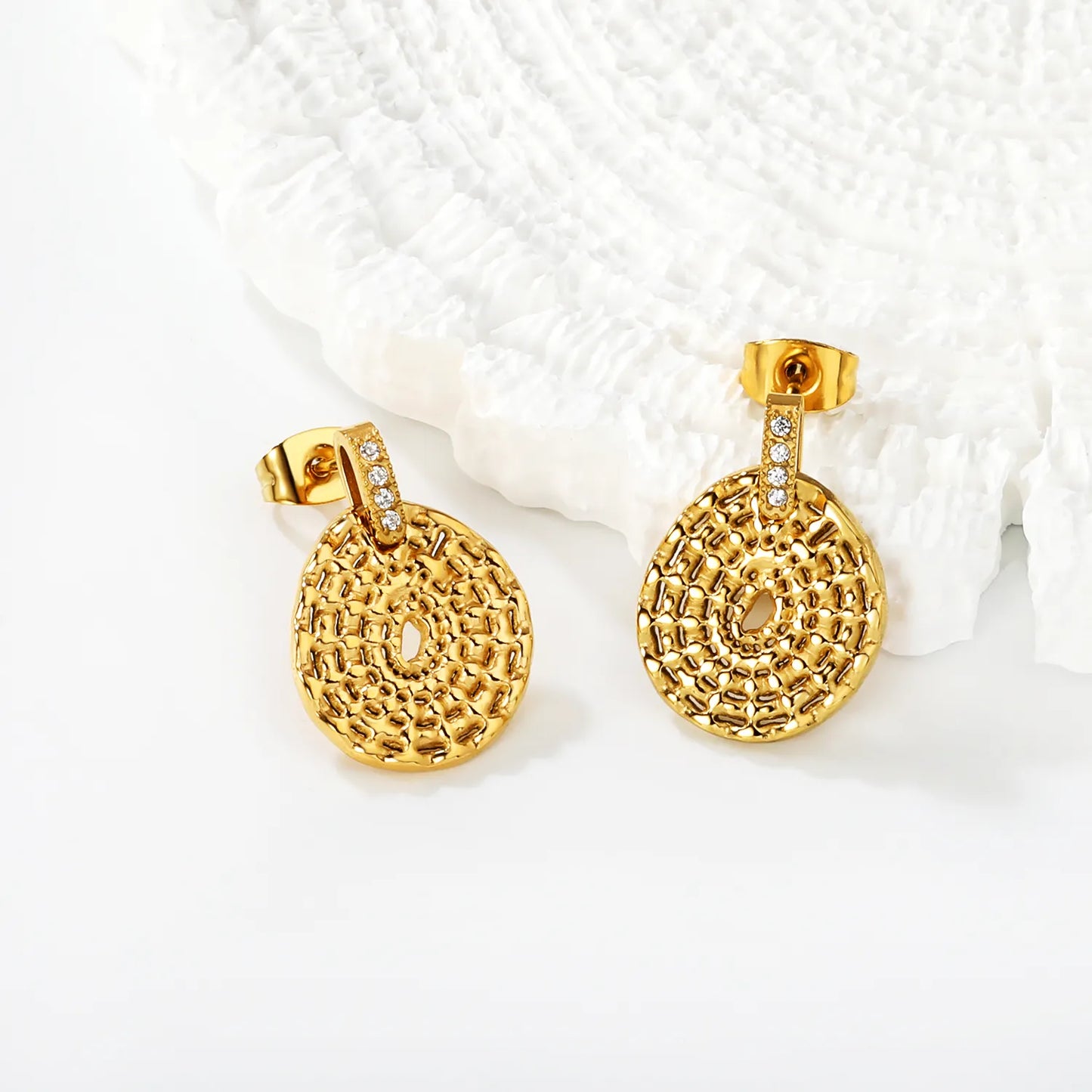 Textured Coin Disc Crystal Drop Earrings | 18K Gold Plated | MOQ 12 | Wholesale Bulk Order