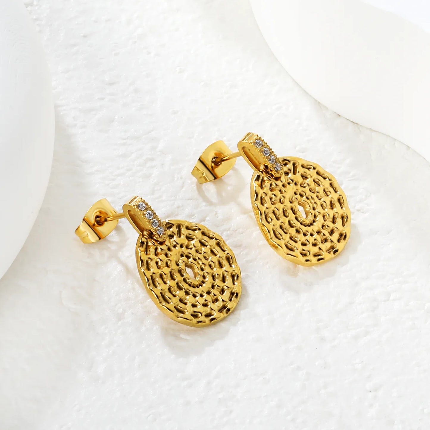 Textured Coin Disc Crystal Drop Earrings | 18K Gold Plated | MOQ 12 | Wholesale Bulk Order