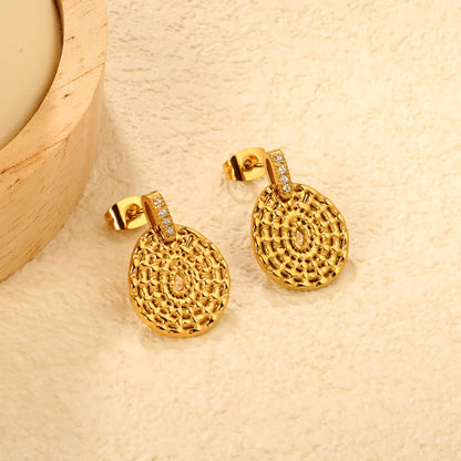 Textured Coin Disc Crystal Drop Earrings | 18K Gold Plated | MOQ 12 | Wholesale Bulk Order