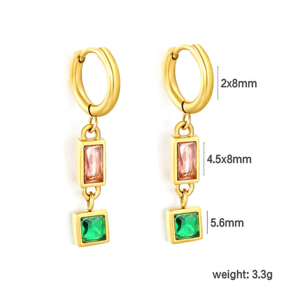 Wholesale Rectangular Pink Square Green Gem Drop Huggie Earrings | 18K Gold Plated | MOQ 12