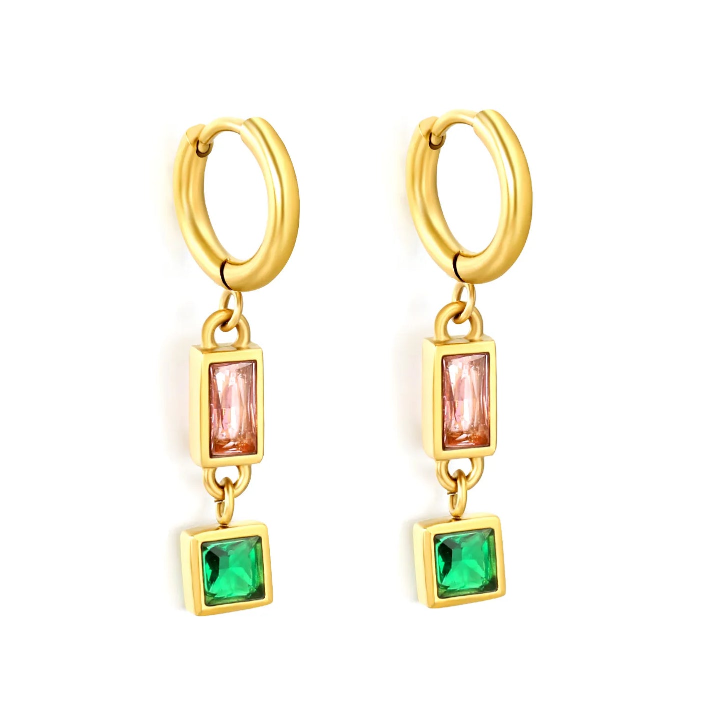 Wholesale Rectangular Pink Square Green Gem Drop Huggie Earrings | 18K Gold Plated | MOQ 12