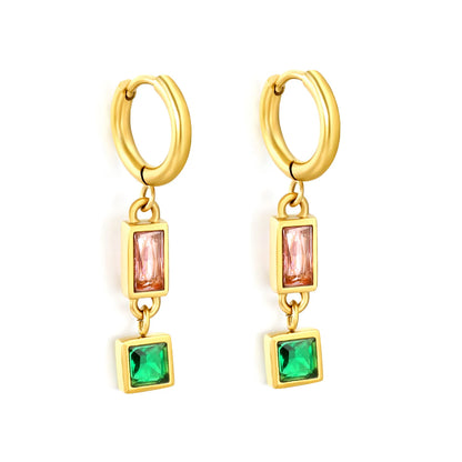 Wholesale Rectangular Pink Square Green Gem Drop Huggie Earrings | 18K Gold Plated | MOQ 12