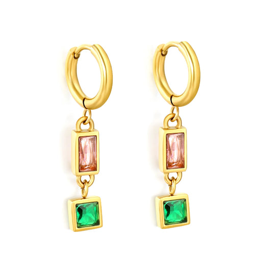 Wholesale Rectangular Pink Square Green Gem Drop Huggie Earrings | 18K Gold Plated | MOQ 12