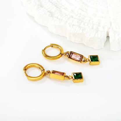 Wholesale Rectangular Pink Square Green Gem Drop Huggie Earrings | 18K Gold Plated | MOQ 12