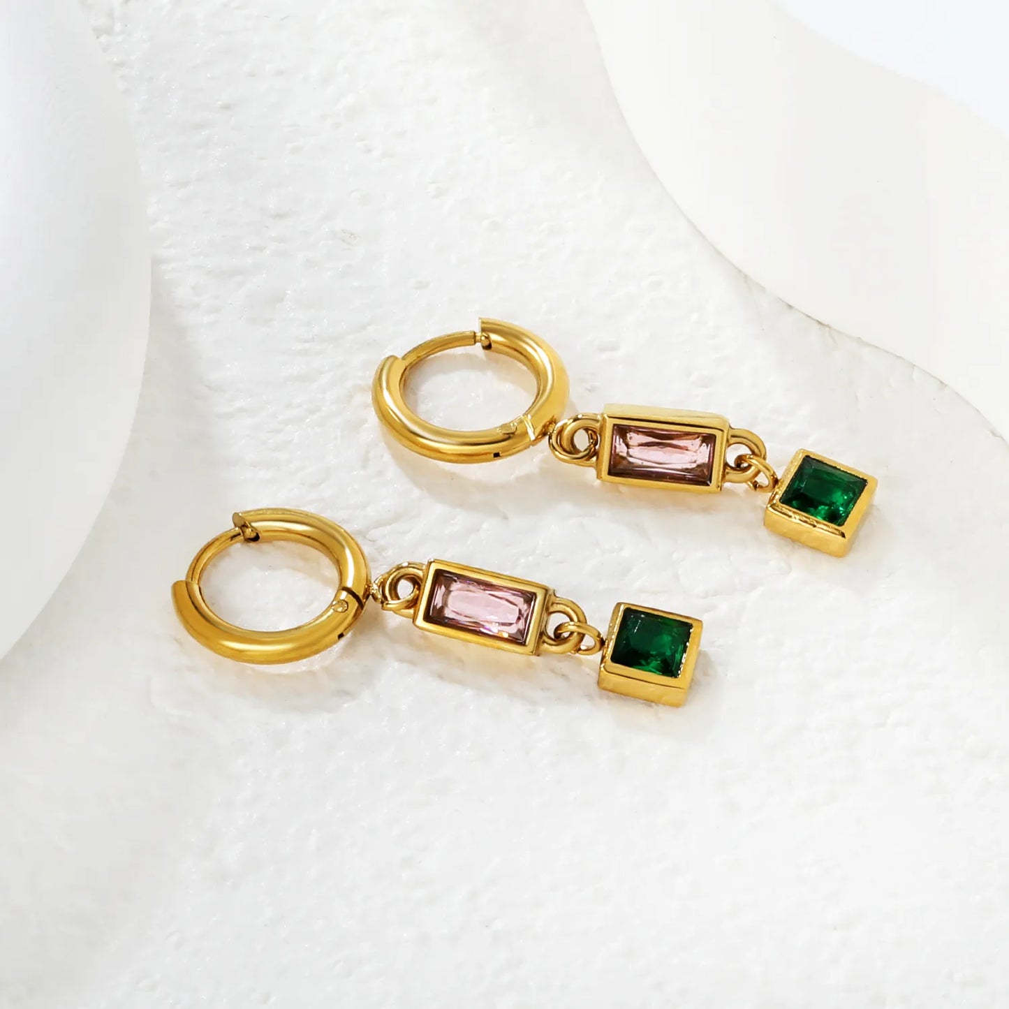 Wholesale Rectangular Pink Square Green Gem Drop Huggie Earrings | 18K Gold Plated | MOQ 12