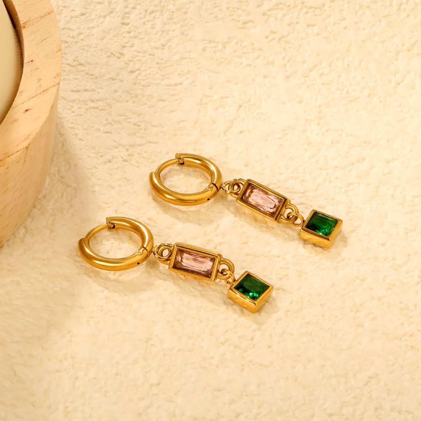 Wholesale Rectangular Pink Square Green Gem Drop Huggie Earrings | 18K Gold Plated | MOQ 12