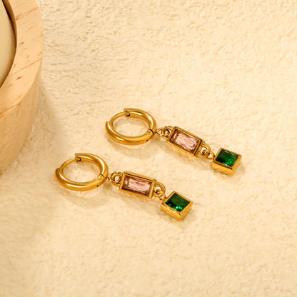 Wholesale Rectangular Pink Square Green Gem Drop Huggie Earrings | 18K Gold Plated | MOQ 12