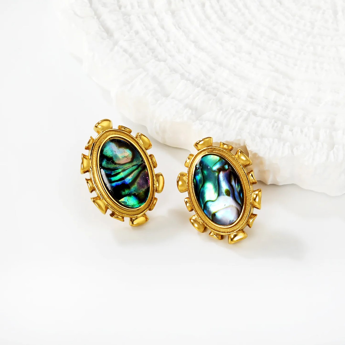 Wholesale Abalone Shell & Pink Gem Oval Stud Earrings | 18K Gold Plated | Dual Color | MOQ 12