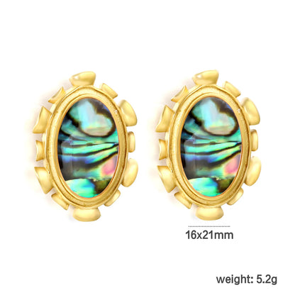 Wholesale Abalone Shell & Pink Gem Oval Stud Earrings | 18K Gold Plated | Dual Color | MOQ 12