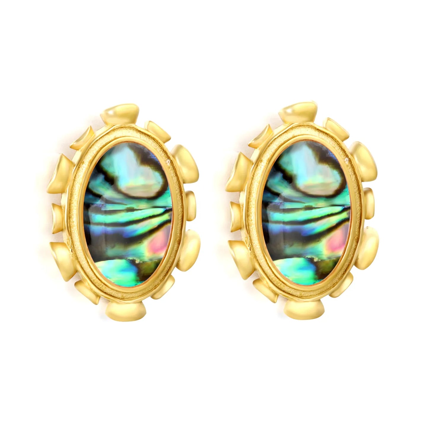 Wholesale Abalone Shell & Pink Gem Oval Stud Earrings | 18K Gold Plated | Dual Color | MOQ 12