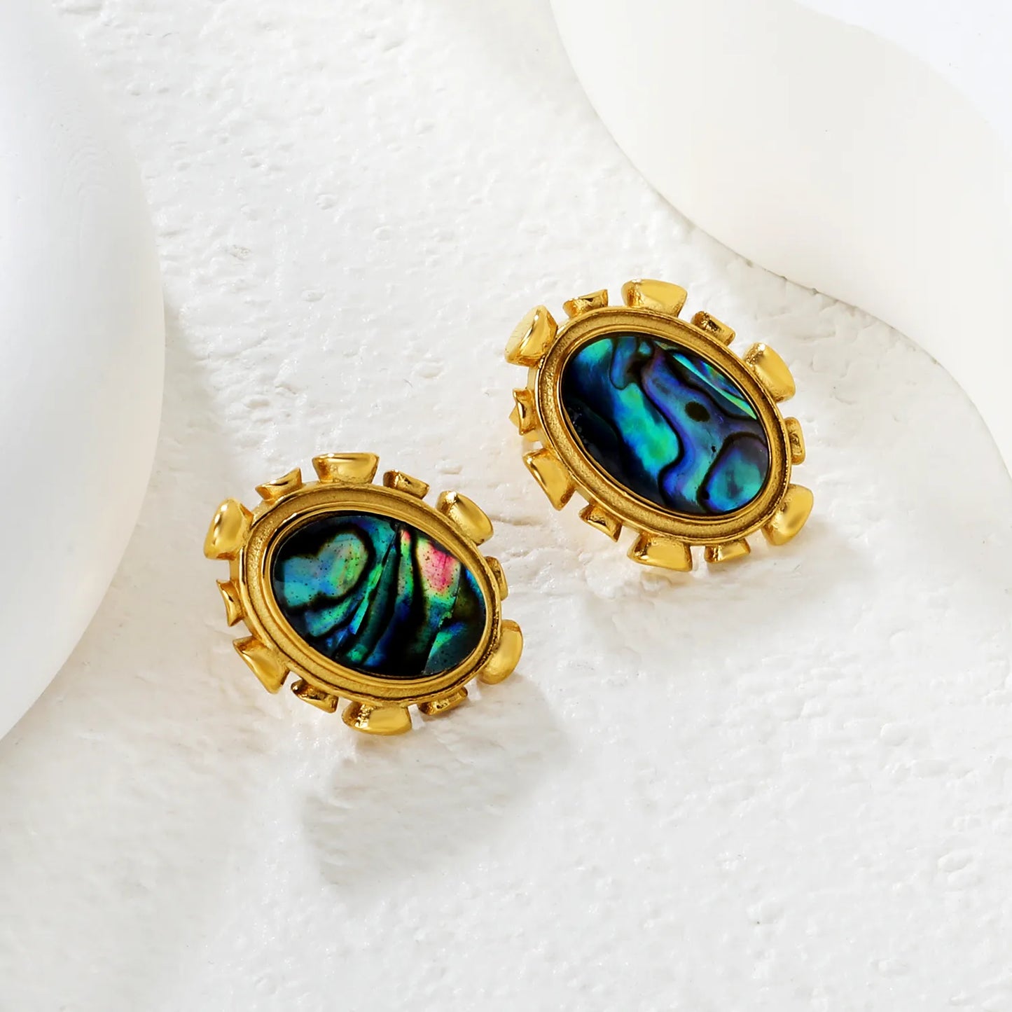Wholesale Abalone Shell & Pink Gem Oval Stud Earrings | 18K Gold Plated | Dual Color | MOQ 12