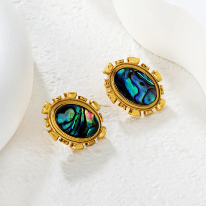 Wholesale Abalone Shell & Pink Gem Oval Stud Earrings | 18K Gold Plated | Dual Color | MOQ 12