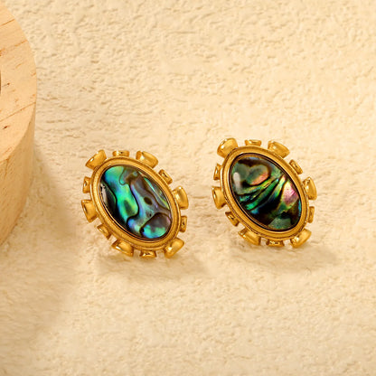 Wholesale Abalone Shell & Pink Gem Oval Stud Earrings | 18K Gold Plated | Dual Color | MOQ 12
