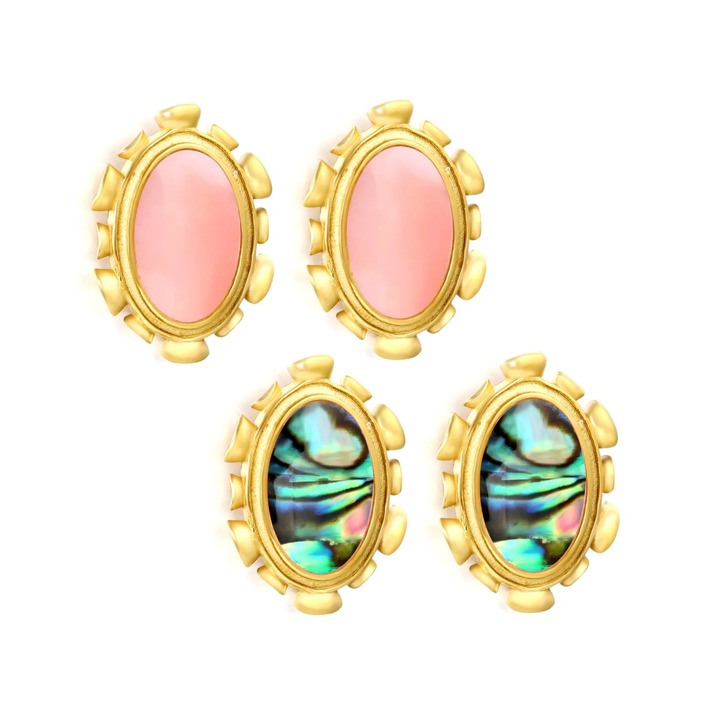 Wholesale Abalone Shell & Pink Gem Oval Stud Earrings | 18K Gold Plated | Dual Color | MOQ 12