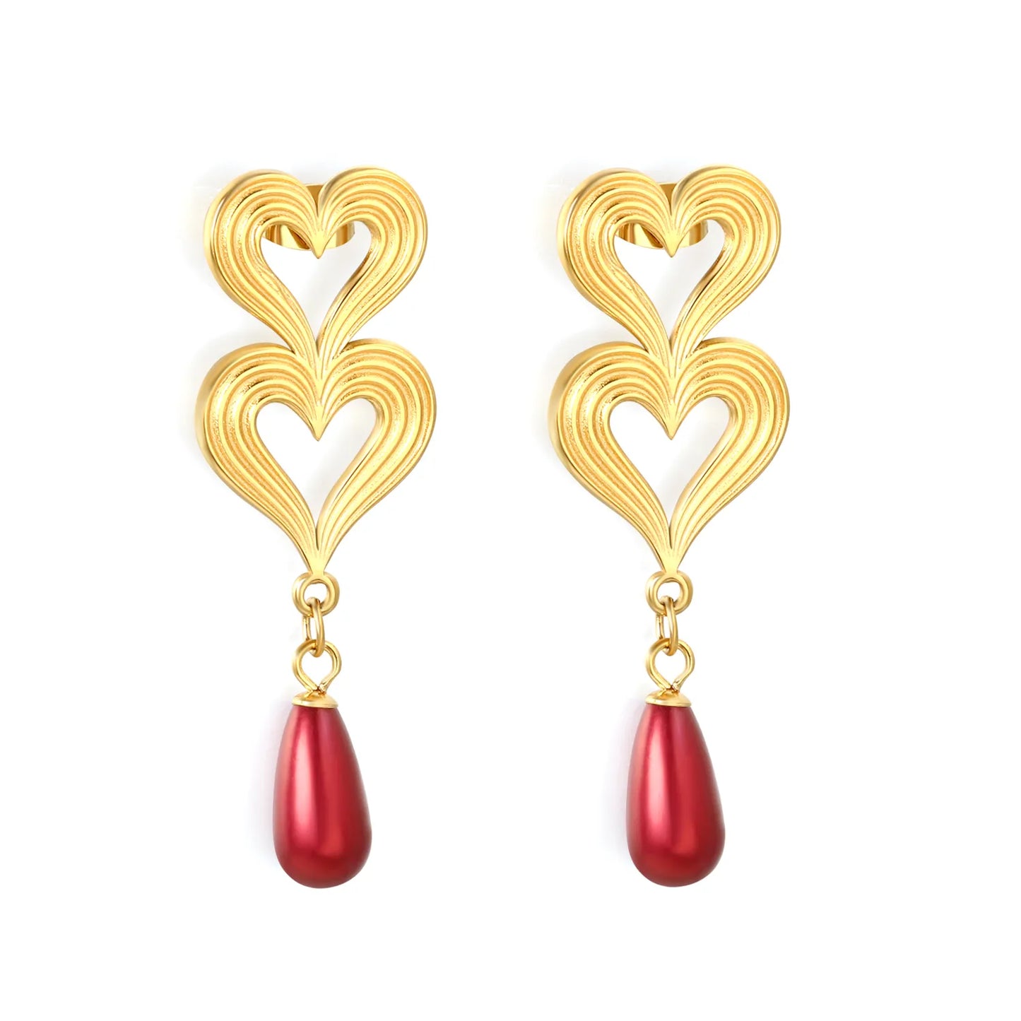 18K Gold Plated Double Heart Red Teardrop Drop Earrings | Wholesale Bulk Order | MOQ 12