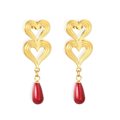 18K Gold Plated Double Heart Red Teardrop Drop Earrings | Wholesale Bulk Order | MOQ 12
